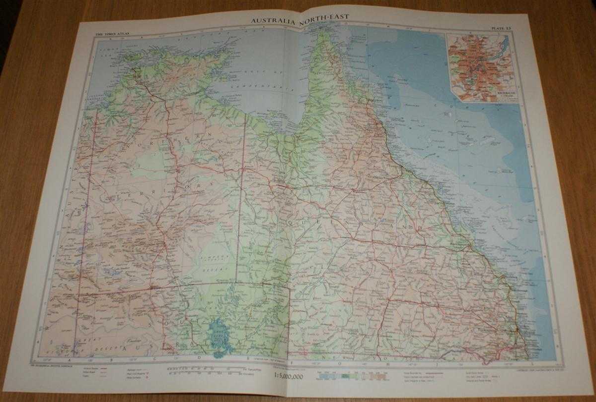 John Bartholomew - Map of 'Australia North-East' - Plate 13 disbound from 1958 Mid-Century Times Atlas of the World, including Northern Territory and Queensland with plan of Brisbane