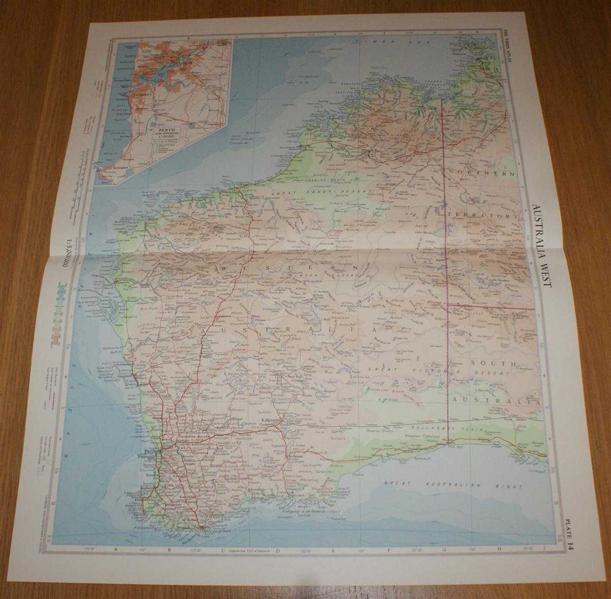 John Bartholomew - Map of 'Australia West' - Plate 14 disbound from 1958 Mid-Century Times Atlas of the World, covering Western Australia with inset plan of Perth