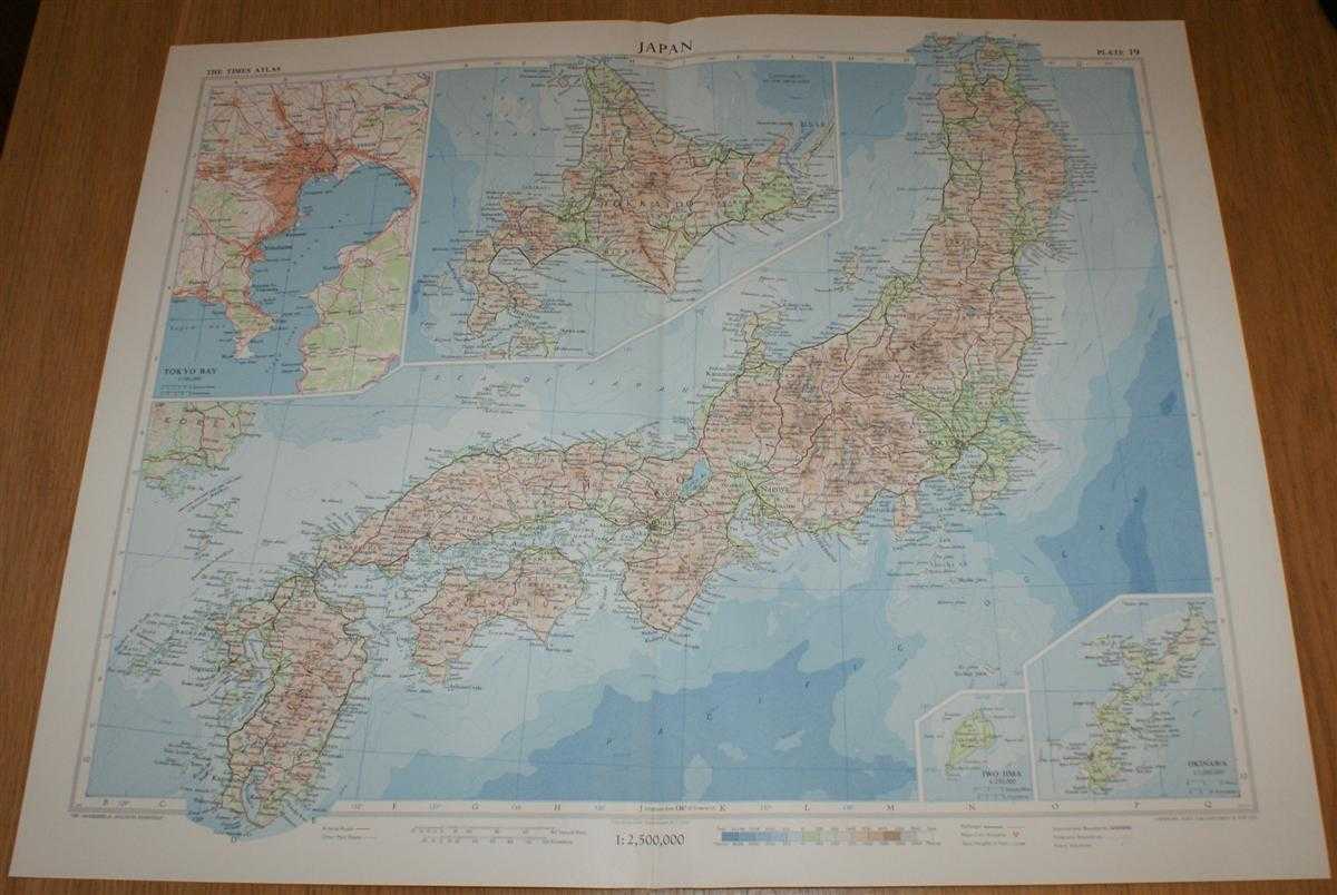 John Bartholomew - Map of Japan - Plate 19 disbound from 1958 Mid-Century Times Atlas of the World, with Iwo Jima and Okinawa and inset plan of Tokyo Bay