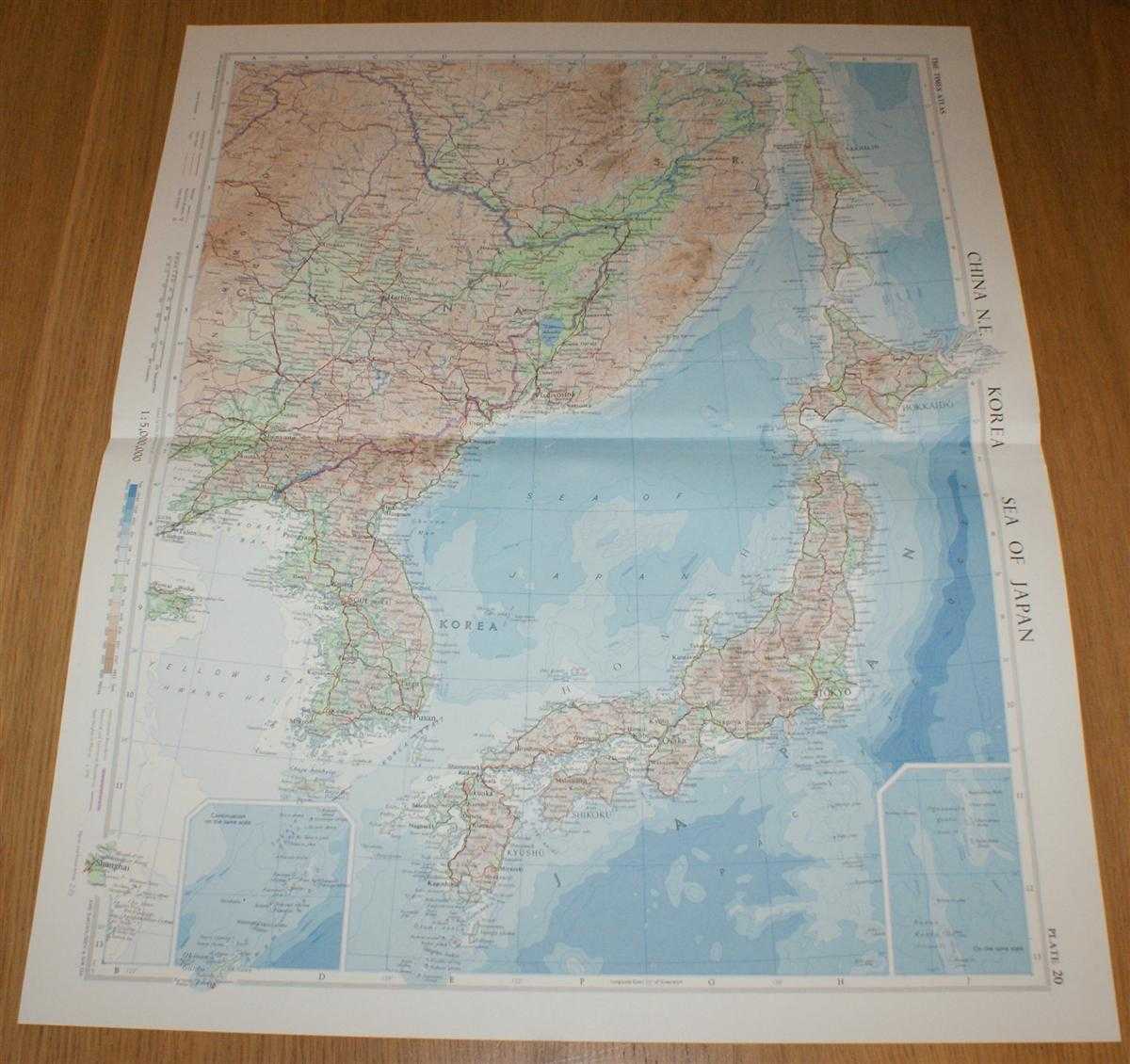 John Bartholomew - Map of North East China, Korea, Sea of Japan and Japan - Plate 20 disbound from 1958 Mid-Century Times Atlas of the World, including Vladivostock, Khabarovsk, Harbin, Pyongyang, Seoul, Pusan, Osaka and Tokyo
