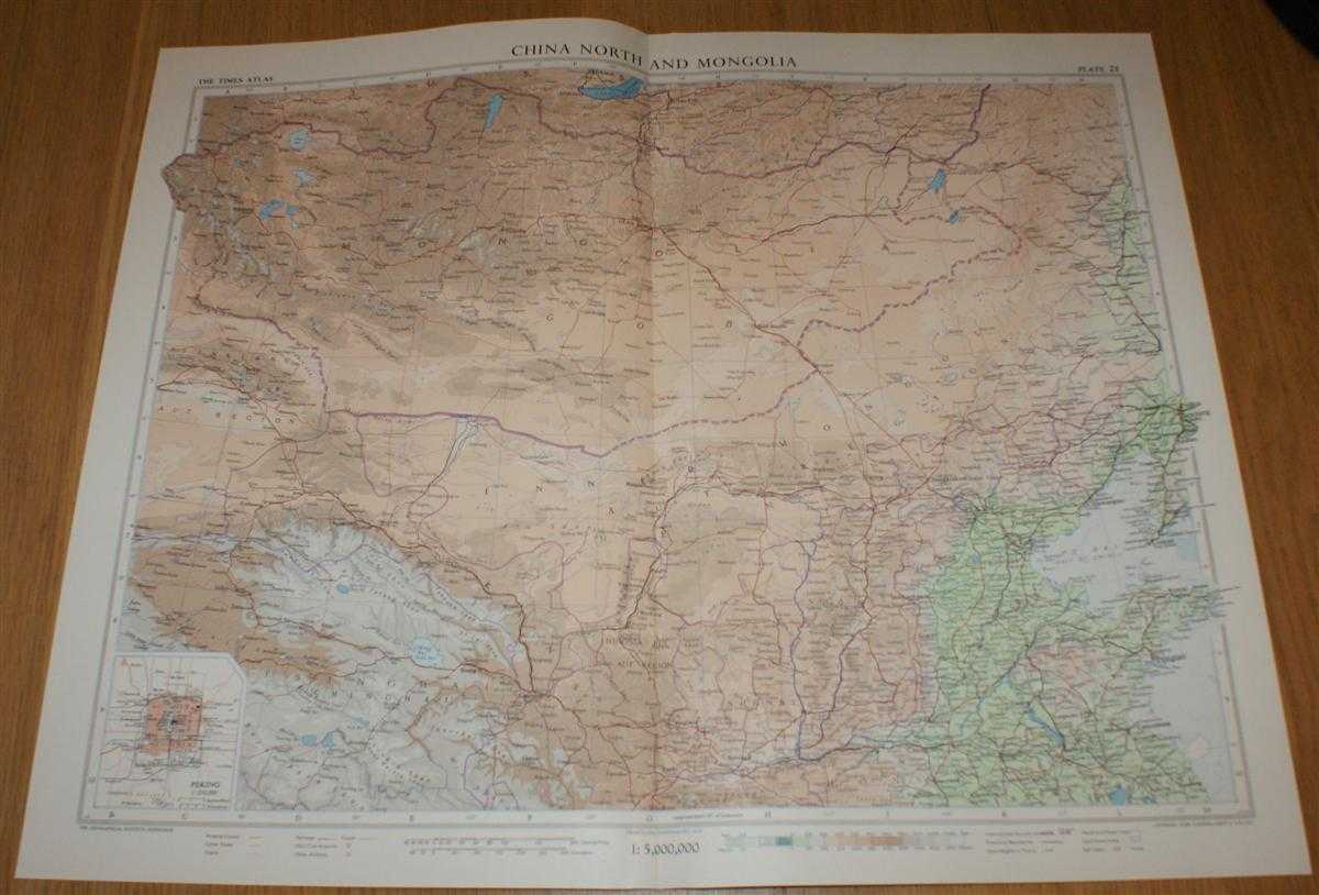 John Bartholomew - Map of 'North China and Mongolia' - Plate 21 disbound from 1958 Mid-Century Times Atlas of the World, including Ulan-Ude, Chita, Ulan Bator, Peking, Tientsin, Tsingtao and Lanchow