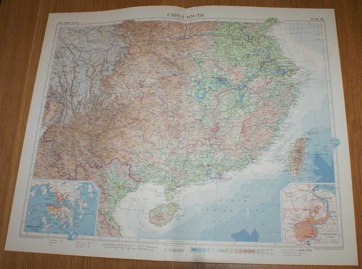 John Bartholomew - Map of South China - Plate 22 disbound from 1958 Mid-Century Times Atlas of the World, including Taiwan, Wuhan, Shanghai, Nanking, Chungking, Hong Kong, Canton, Hainan Tao and Hanoi