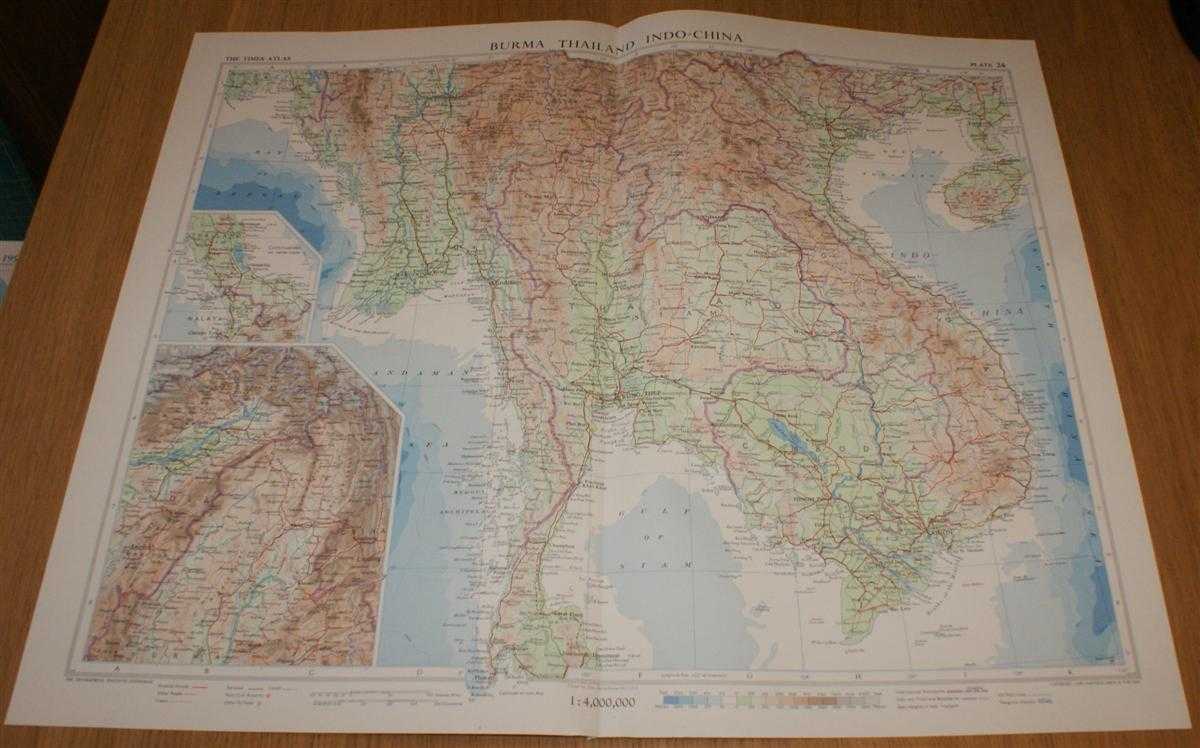 John Bartholomew - Map of 'Burma - Thailand - Indo-China' - Plate 24 disbound from 1958 Mid-Century Times Atlas of the World, including Cambodia, Laos, Vietnam, Myanmar and Thailand