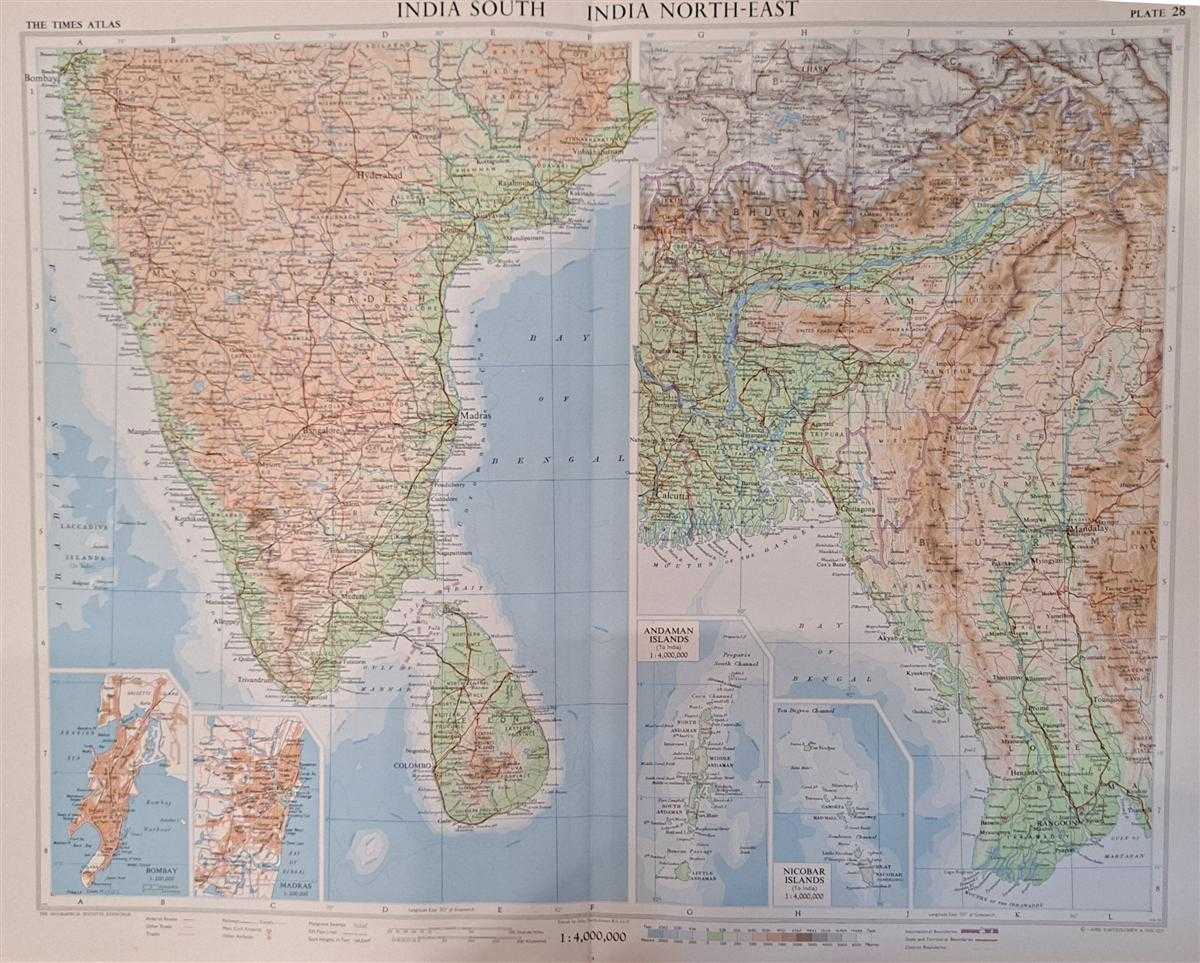 John Bartholomew - Map of 'India South and India North-East', Plate 28 disbound from 1959 Mid-Century Times Atlas of the World, Volume II, (South-West Asia and Russia) includes India, East Pakistan, Ceylon, Andaman Islands, Nicobar Islands