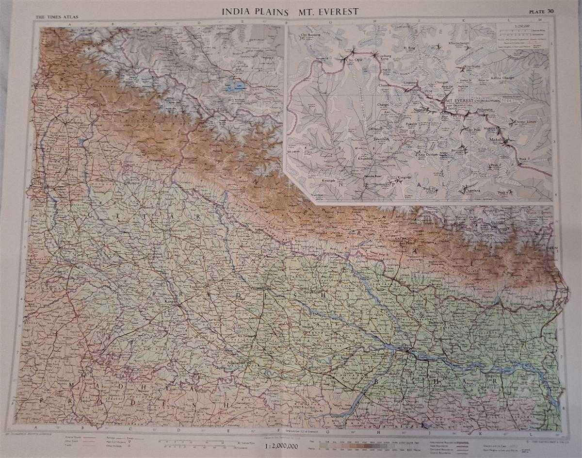 John Bartholomew - Map of 'India Plains' and 'Mt. Everest', Plate 30 disbound from 1959 Mid-Century Times Atlas of the World, Volume II, (South-West Asia and Russia) includes North-east India, Scale 1:2,000,000 and Mount Everest, Scale 1:250,000