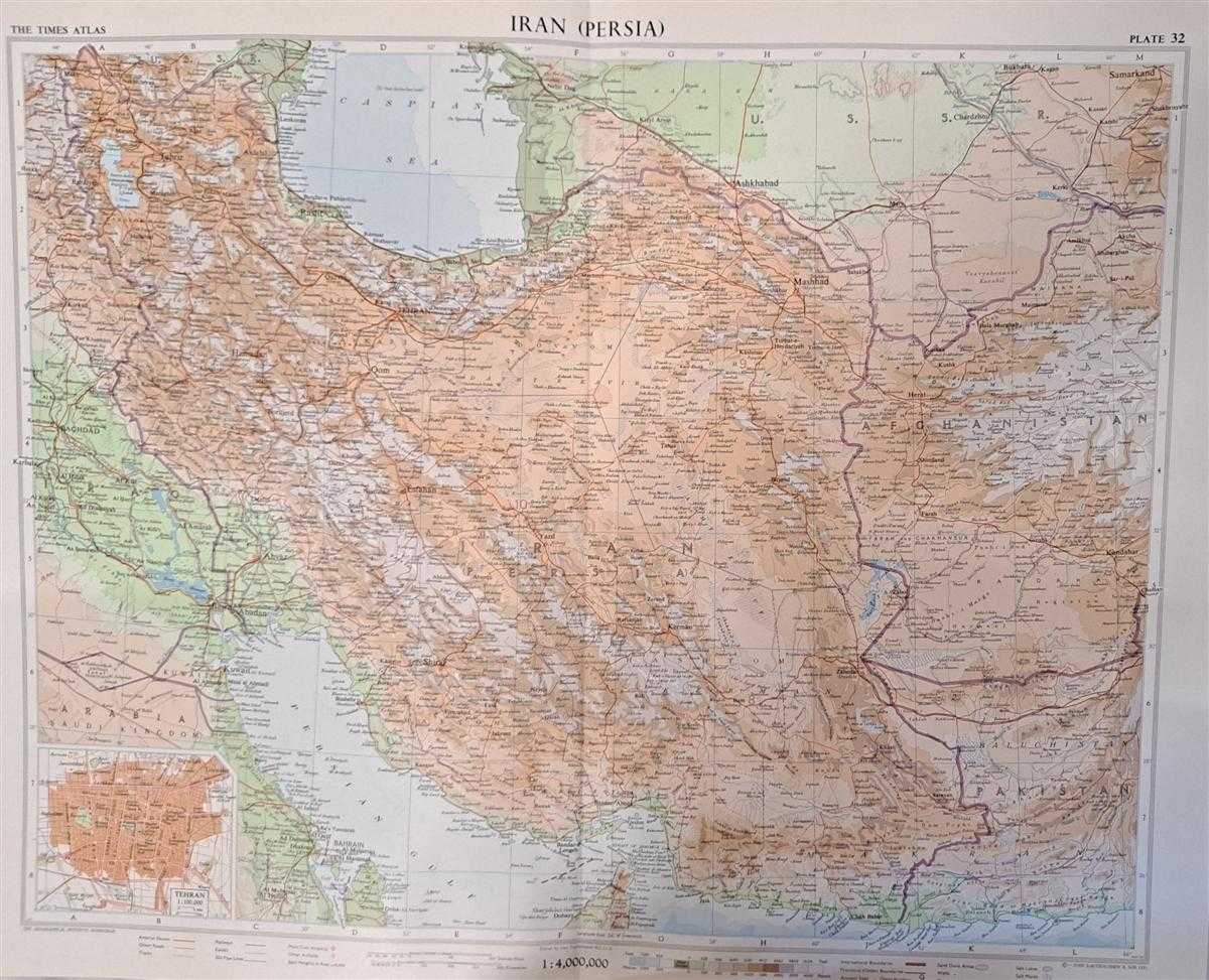John Bartholomew - Map of 'Iran (Persia)', Plate 32 disbound from 1959 Mid-Century Times Atlas of the World, Volume II, (South-West Asia and Russia) includes Iran Scale 1:4,000,000 with part of Iraq etc. and Inset plan of Tehran Scale 1:100,000