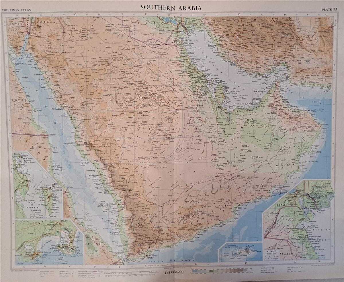 John Bartholomew - Map of Southern Arabia, Plate 33 disbound from 1959 Mid-Century Times Atlas of the World, Volume II, (South-West Asia and Russia) includes Southern Arabia Scale 1:,000,000; Kuwait 1:2,000,000; Bahrain 1:1,000,000; Aden 1:250,000