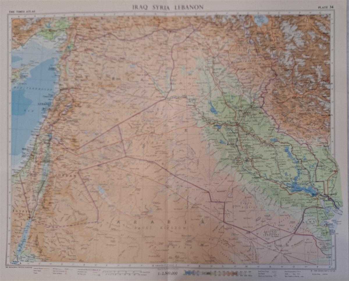John Bartholomew - Map of Iraq, Syria, Lebanon, Plate 34 disbound from 1959 Mid-Century Times Atlas of the World, Volume II, (South-West Asia and Russia) Scale 1:2,500,000; includes Israel, Jordan, Kuwait and parts of Egypt, Turkey, Iran, Arabia