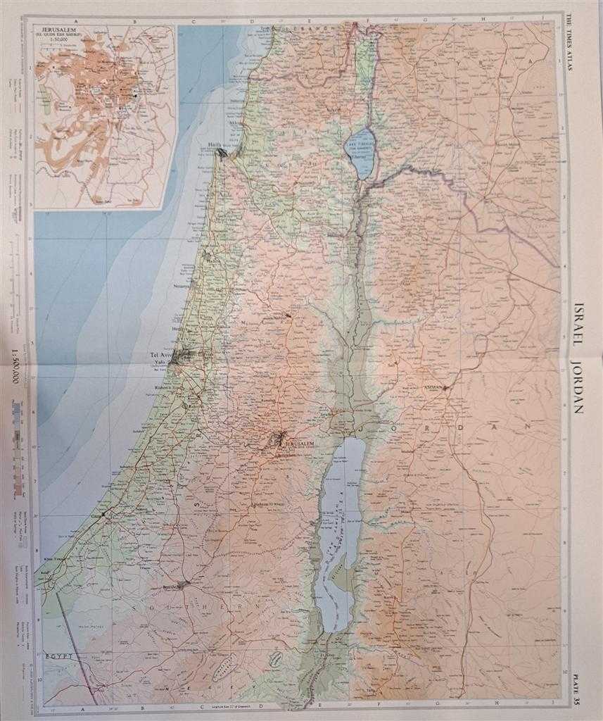 John Bartholomew - Map of Israel, Jordan (part) , Plate 35 disbound from 1959 Mid-Century Times Atlas of the World, Volume II, (South-West Asia and Russia) Scale 1: 500,000; includes Inset plan of Jerusalem (El Quds Esh Sherif), Scale 1:50,000