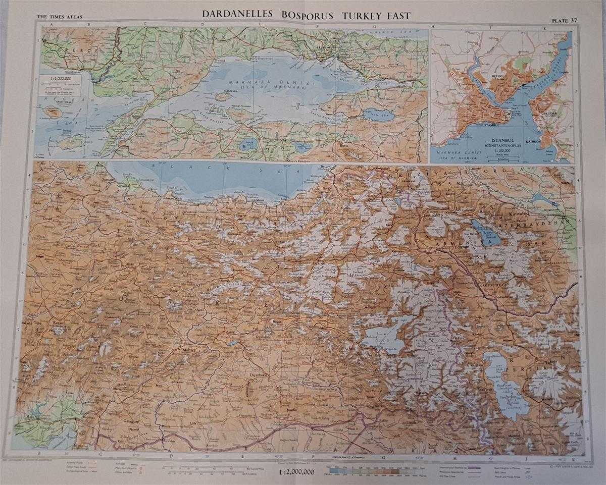 John Bartholomew - Map of Dardanelles, Bosphorus, Turkey east, Plate 37 disbound from 1959 Mid-Century Times Atlas of the World, Volume II, (South-West Asia & Russia) Scale 1: 2,000,000; Marmara Den 1:1,000,000; Istanbul (Constantinople) 1:100,000