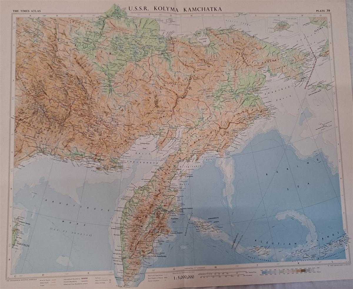 John Bartholomew - Map of U.S.S.R. Kolyma, Kamchatka, Plate 39 disbound from 1959 Mid-Century Times Atlas of the World, Volume II, (South-West Asia & Russia) Scale 1: 5,000,000. Small part of Alaska, inset map of O. Vrangelya (Wrangel Island)