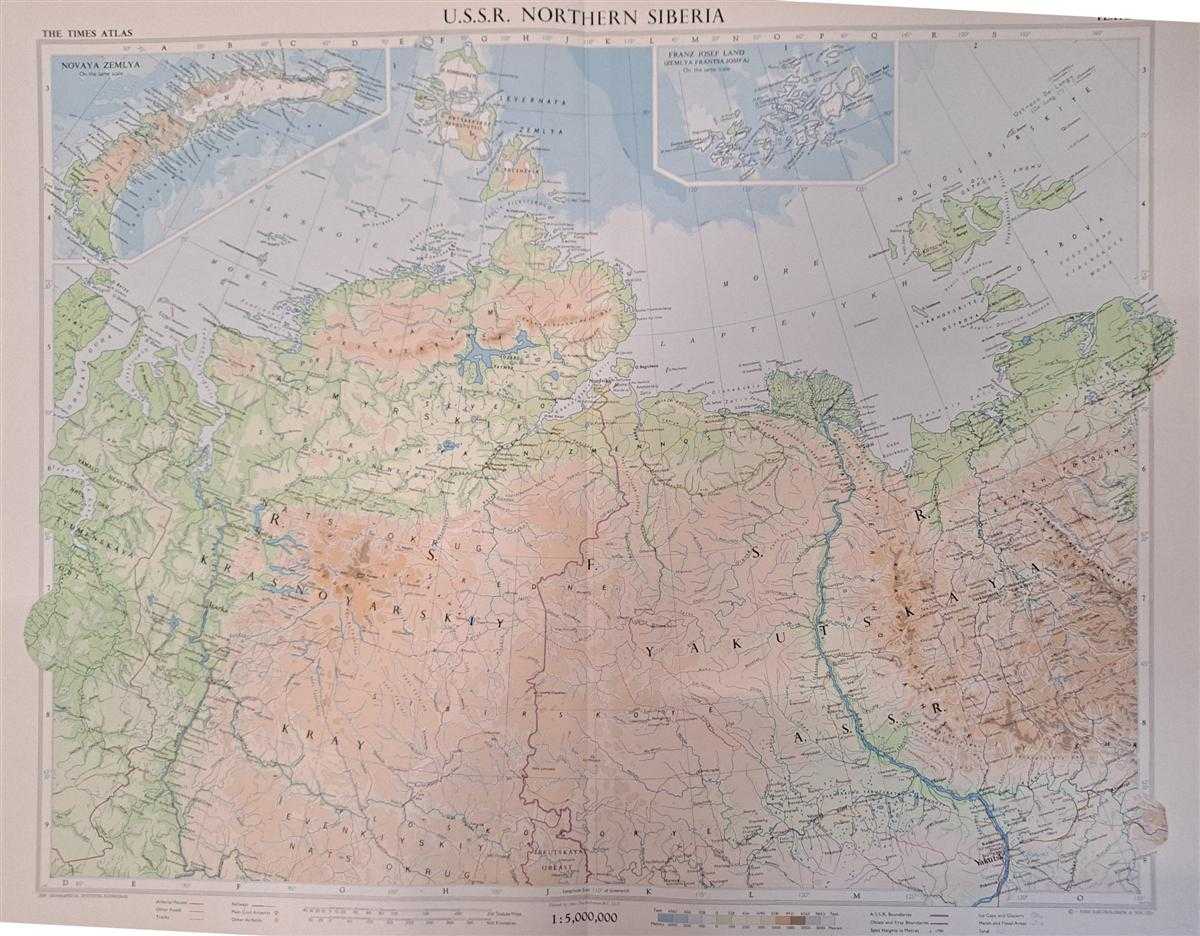 John Bartholomew - Map of U.S.S.R. Northern Siberia, Plate 41 disbound from 1959 Mid-Century Times Atlas of the World, Volume II, (South-West Asia & Russia) Scale 1: 5,000,000. Inset maps of Novaya Zemlya and Franz Joseph Land (same scale)