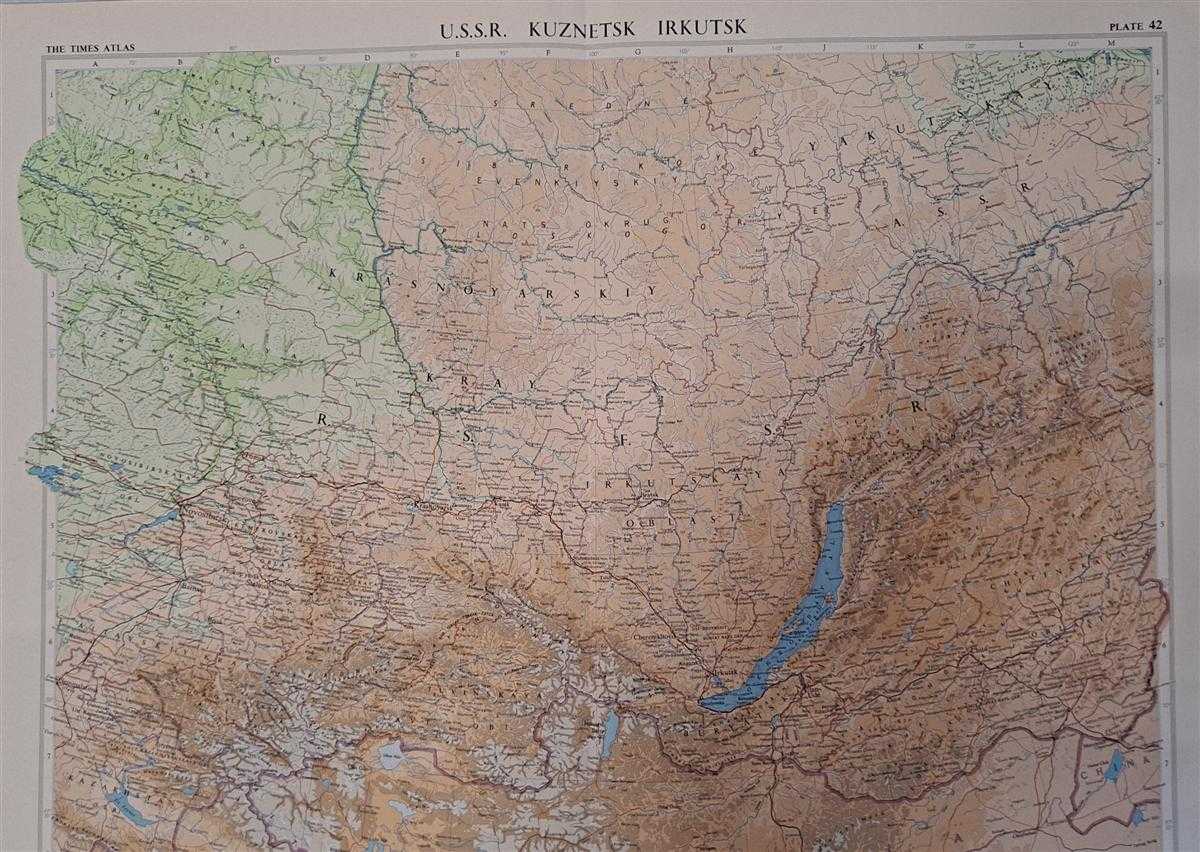 John Bartholomew - Map of U.S.S.R. Kuznetz, Irkutz, Plate 42 disbound from 1959 Mid-Century Times Atlas of the World, Volume II, (South-West Asia & Russia) Scale 1: 5,000,000. Part of Mongolia, small parts of China, Kazakhstan