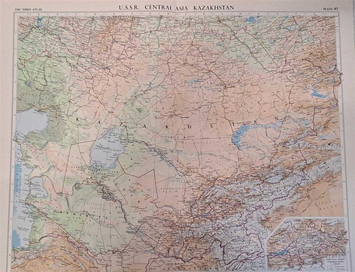John Bartholomew - Map of U.S.S.R. Central Asia, Kazakhstan, Plate 43 disbound from 1959 Mid-Century Times Atlas of the World, Volume II, (South-West Asia & Russia) Scale 1: 5,000,000. Tadzhikiztan,Kirgizeya. Inset Fergana Basin 1: 2,5000,000