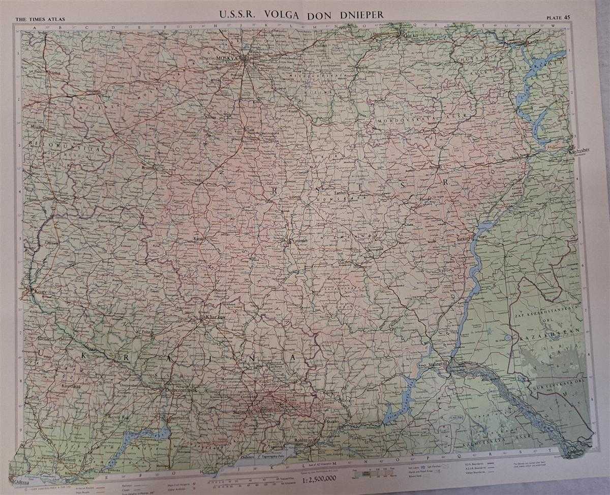 John Bartholomew - Map of U.S.S.R. Volga, Don, Dnieper , Plate 45 disbound from 1959 Mid-Century Times Atlas of the World, Volume II, (South-West Asia & Russia) Scale 1: 2,500,000. Ukraine, Stalingrad, Moscow, Khar'kov, Kiyev