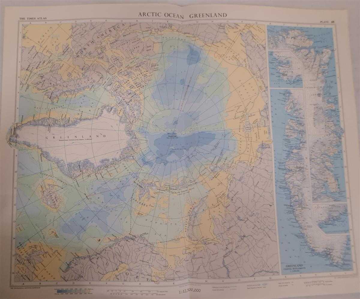 John Bartholomew - Map of Arctic Ocean Greenland, Plate 48 disbound from 1959 Mid-Century Times Atlas of the World, Volume II, (South-West Asia & Russia) Scale 1:12,500,000, four insets of Greenland Coastal Settlements 1:5,000,000