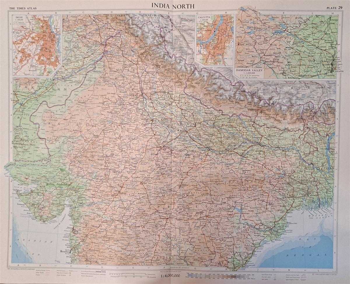 John Bartholomew - Map of India North, Plate 29 disbound from 1959 Mid-Century Times Atlas of the World, Volume II, (South-West Asia and Russia) includes North-east India, Scale 1:4,000,000