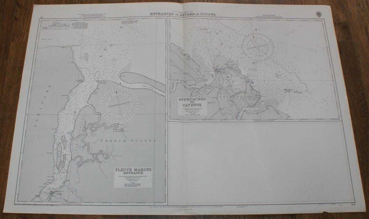 Admiralty - Nautical Chart No. 534. South America North Coast, Entrances to Rivers in Guiana. Fleuve Maroni (Entrance) From the French and Netherlands Government Charts to 1965. Approaches to Cayenne, from the French Government Chart of 1956, Scale 1:75,000