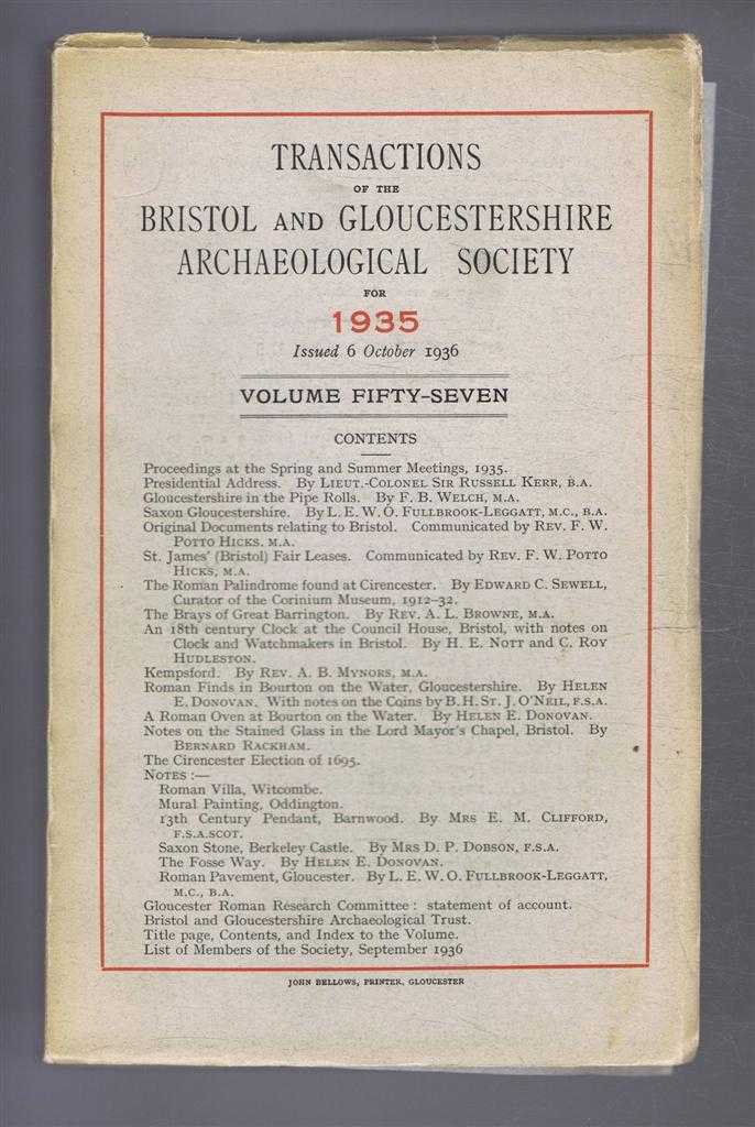 Roland Austin; (ed) - Transactions of the Bristol and Gloucestershire Archaeological Society for 1935, Volume Fifty-seven (57)