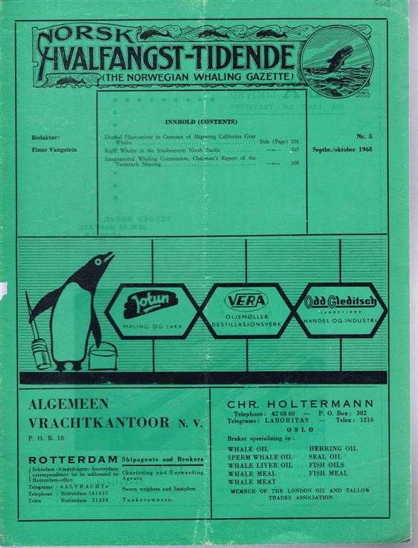 Redaktor (editor): Einar Vangstein. Donald H Ramsey; Dale W Rice and Clifford H Fiscus - Norsk Hvalfangst-Tidende (The Norwegian Whaling Gazette), Organ For the International Association of Whaling Companies. Nr. 5, September/Oktober 1968