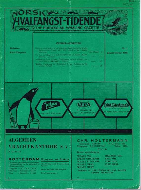 Redaktor (editor): Einar Vangstein - Norsk Hvalfangst-Tidende (The Norwegian Whaling Gazette), Organ For the International Association of Whaling Companies. Nr 1. Januar/februar 1968