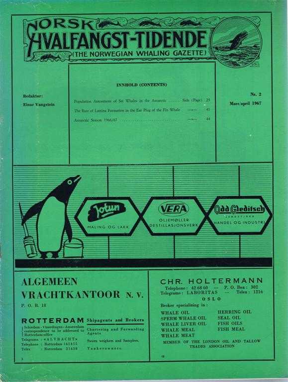 Redaktor (editor): Einar Vangstein. Takeyuki Doi, Seiji Ohsumi & Takahisa Nemoto; H S J Roe - Norsk Hvalfangst-Tidende (The Norwegian Whaling Gazette), Organ For the International Association of Whaling Companies. Nr. 2 Mars/april 1967