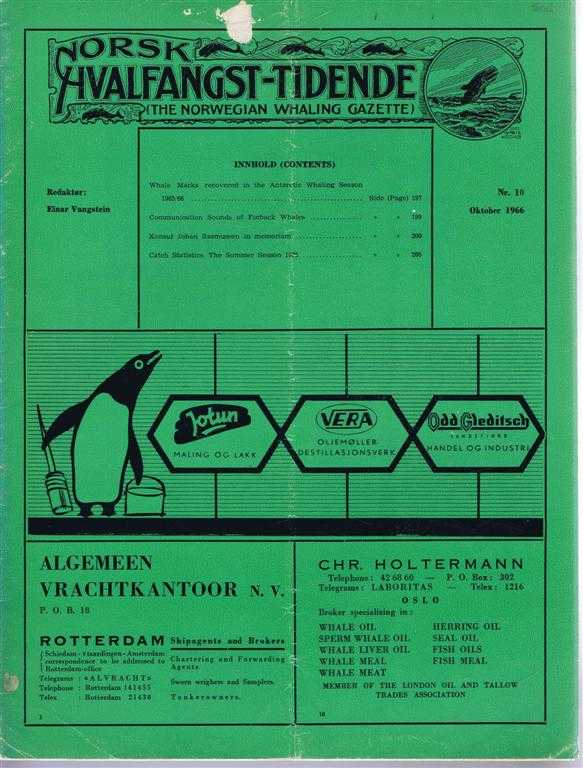 Redaktor (editor): Einar Vangstein. S G Brown; Paul J Perkins - Norsk Hvalfangst-Tidende (The Norwegian Whaling Gazette), Organ For the International Association of Whaling Companies, Nr. 10, Oktober 1966