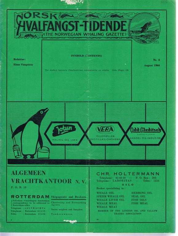 Redaktor (editor): Einar Vangstein. Robert Clarke - Norsk Hvalfangst-Tidende (The Norwegian Whaling Gazette), Organ For the International Association of Whaling Companies. Nr 8. August 1966