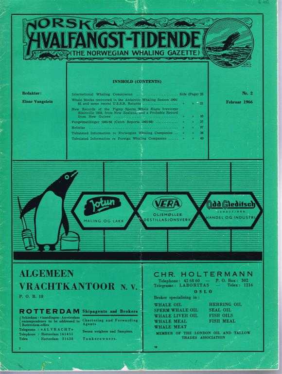 Redaktor (editor): Einar Vangstein. S G Brown; D E Gaskin - Norsk Hvalfangst-Tidende (The Norwegian Whaling Gazette), Organ For the International Association of Whaling Companies. Nr. 2, Februar 1966