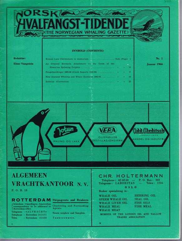 Redaktor (editor): Einar Vangstein. Robert A Morris and Louis S Mowbray; D E Gaskin - Norsk Hvalfangst-Tidende (The Norwegian Whaling Gazette), Organ For the International Association of Whaling Companies. Nr 1, Januar 1966