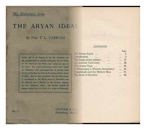 VASWANI, THANWARDAS LILARAM (1879-1966) - The Aryan Ideal