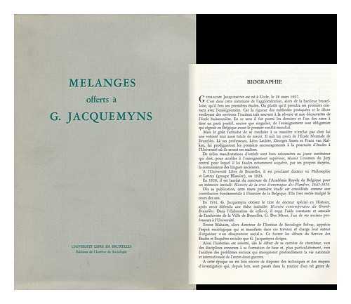 UNIVERSITE LIBRE DE BRUXELLES, INSTITUT DE SOCIOLOGIE - Melanges Offerts a G. Jacquemyns