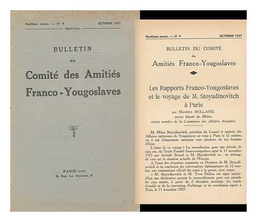 COMITE DES AMITIES FRANCO-YOUGOSLAVES, PARIS - Bulletin Du Comite Des Amities Franco-Yougosla [Octobre 1937]