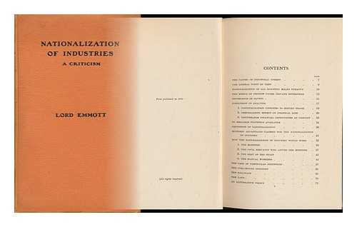 EMMOTT, ALFRED EMMOTT, BARON (1858-) - Nationalization of Industries : a Criticism