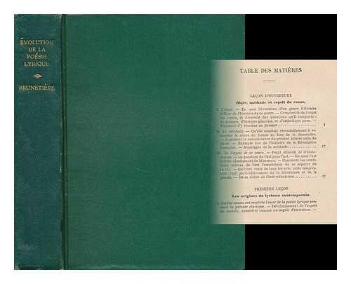 BRUNETIERE, FERDINAND (1849-1906) - L' Evolution De La Poesie Lyrique En France Au Dix-Neuvieme Siecle. Tome 1 / Ferdinand Brunetiere