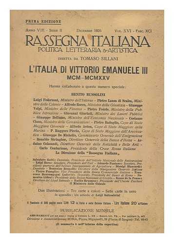 SILLANI, TOMASO (1888-) - Rassegna Italiana : Politica, Letteraria E Artistica : Descrizione Basata Su A. 8, Ser. 2, Vol. 16, Fasc. 91 / Diretta Da Tommaso Sillani