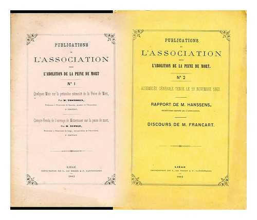 THONISSEN, M & NYPELS, M. - Publications de L'association pour L'abolition de la Peine Mort