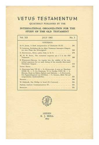 VARIOUS - Vetus Testamentum : quarterly published by the International organization for the study of the old testament ; Vol. XII, April 1962 No. 2.