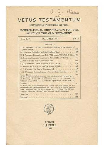 VARIOUS - Vetus Testamentum : quarterly published by the International organization for the study of the old testament ; Vol. XIV, October 1964, No. 4.