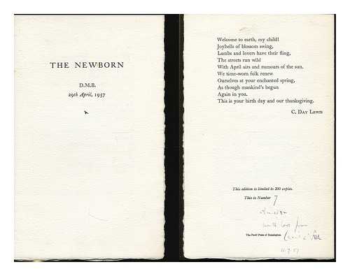 DAY LEWIS, CECIL (1904-1972) - The newborn : D.M.B., 29th April, 1957