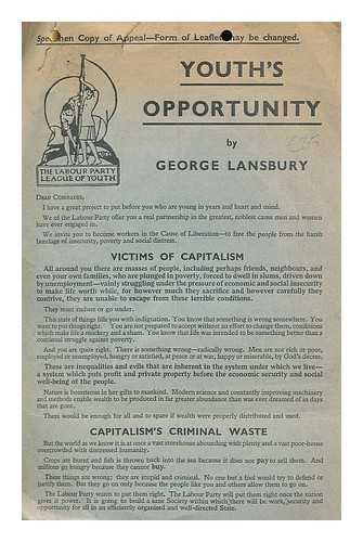 LANSBURY, GEORGE - Youths opportunity