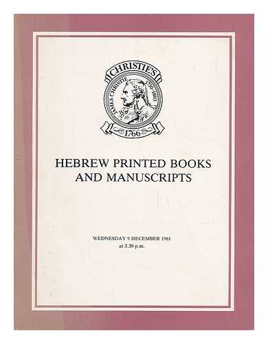 CHRISTIE'S LONDON - Hebrew printed books and manuscripts. 1981 Dec. 9