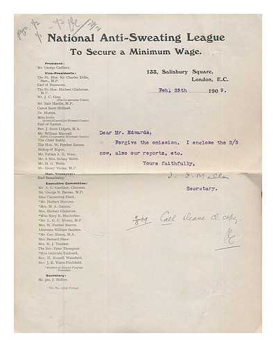 Edwards, Jospeh. National Anti-Sweating League - Joseph Edwards / National Anti-Sweating League / James J. Mallon : Correspondence and obituary notice