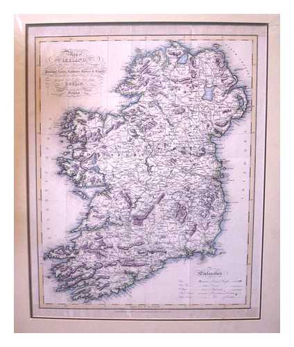 LEWIS, SAMUEL (C.1782  1865) - Map of Ireland, divided into provinces & counties shewing the principal roads, railways, rivers & canals, & the distance in Irish miles... of each city & Post Town from Dublin [1837 map, framed colour reproduction]