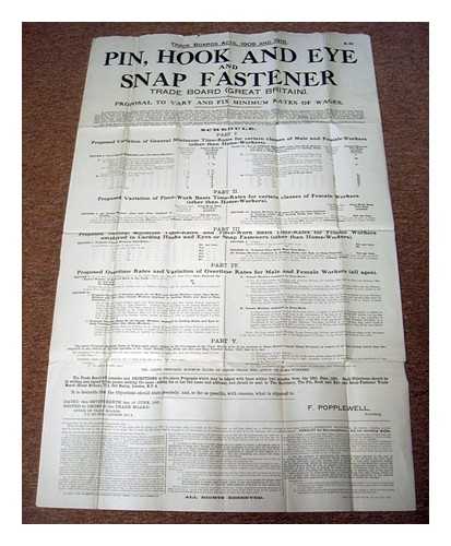 OFFICE OF TRADE BOARDS / F. POPPLEWELL - Pin, hook and eye snap fastener trade board (Great Britain) : Proposal to vary and fix minimum rates of wages [original 1921 information poster/public notice]