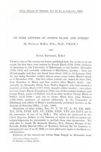 MCKIE, DOUGLAS. BLACK, JOSEPH. KENNEDY, DAVID - On some letters of Joseph Black and others