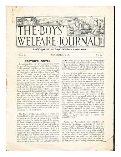 THE BOYS' WELFARE ASSOCIATION - The Boys' Welfare Journal: Vol. 1, No. 1: November, 1918