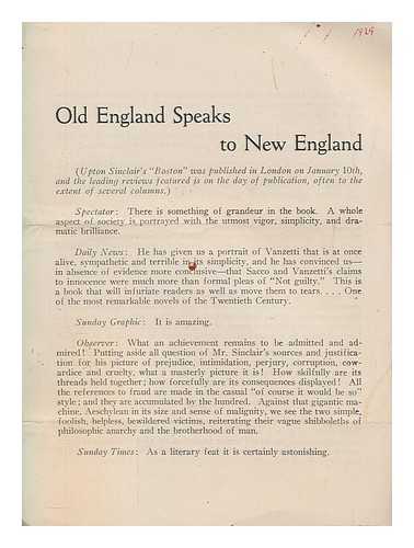 UPTON SINCLAIR - Old England speaks to New England