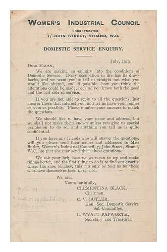 VIOLET, BUTLER CHRISTINA - Domestic service : an enquiry by the women's industrial council