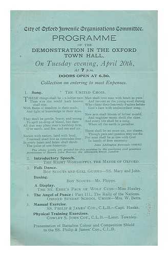 CITY OF OXFORD JUVENILE ORGANISATIONS COMMITTEE - Programme of the demonstration in the Oxford Town Hall, on Tuesday evening, April 20th, At 7pm